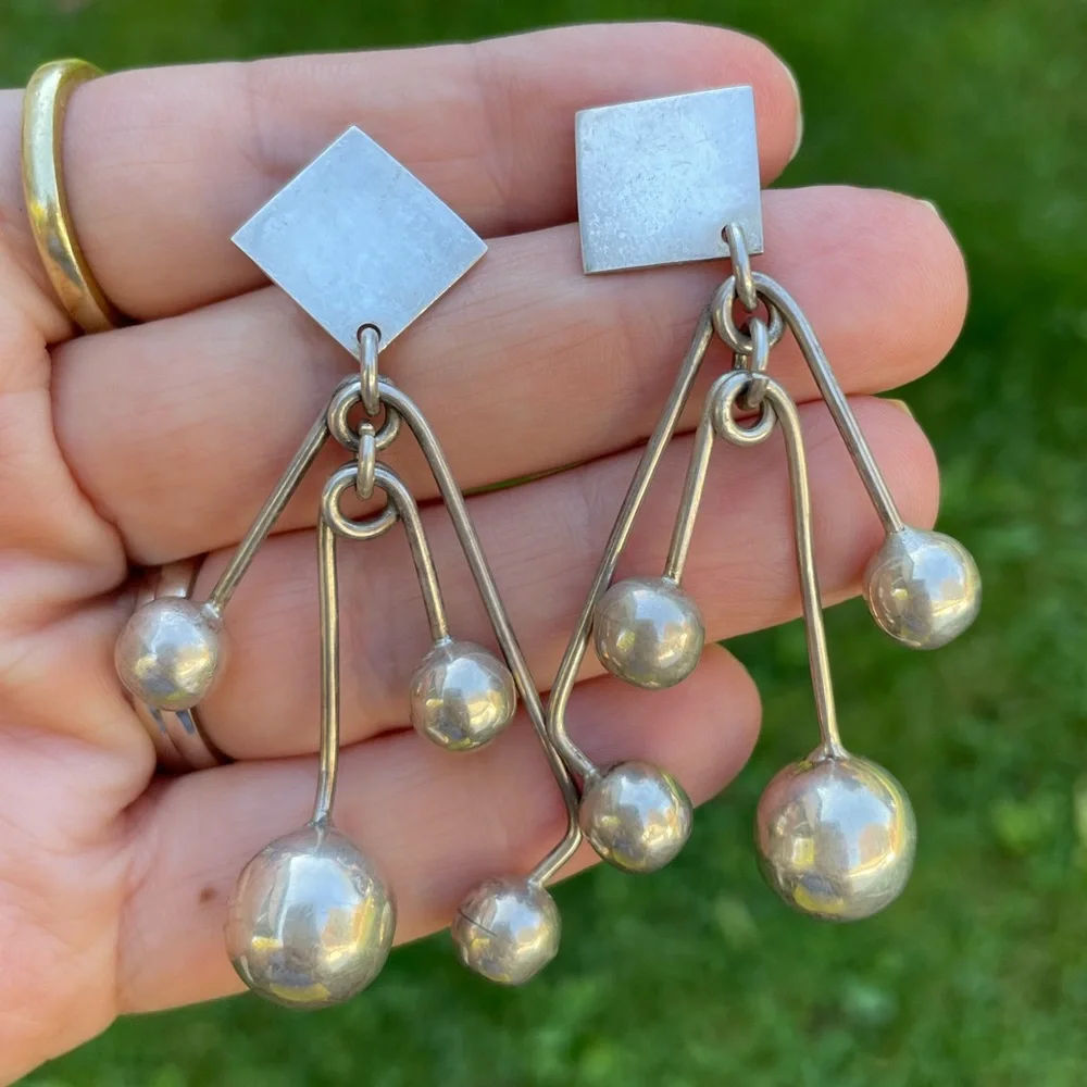 Vintage Taxco Sterling Silver Large Dangly Statement Earrings - Picture 10 of 13